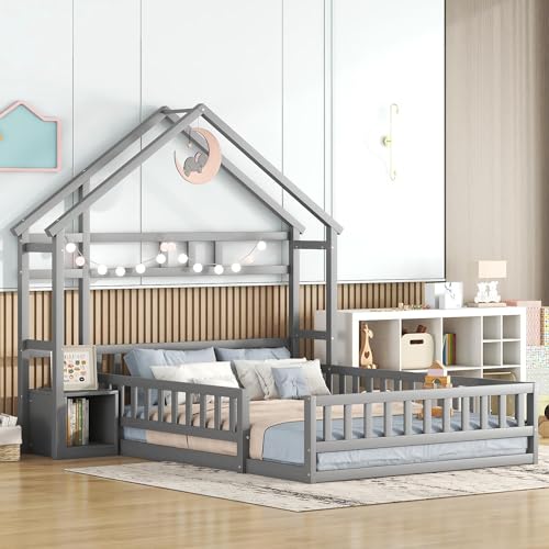 FEZTOY Kinderbett Bett Hausbett 140x200 mit Nachttischen und...