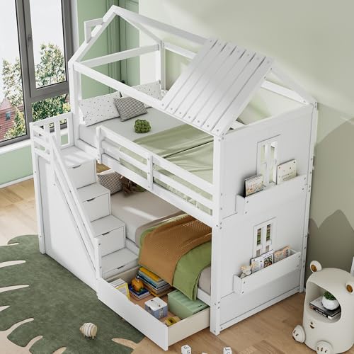 Aoskem Kinderbett Etagenbett 90x200 für 2 Kinder, Hausbett...